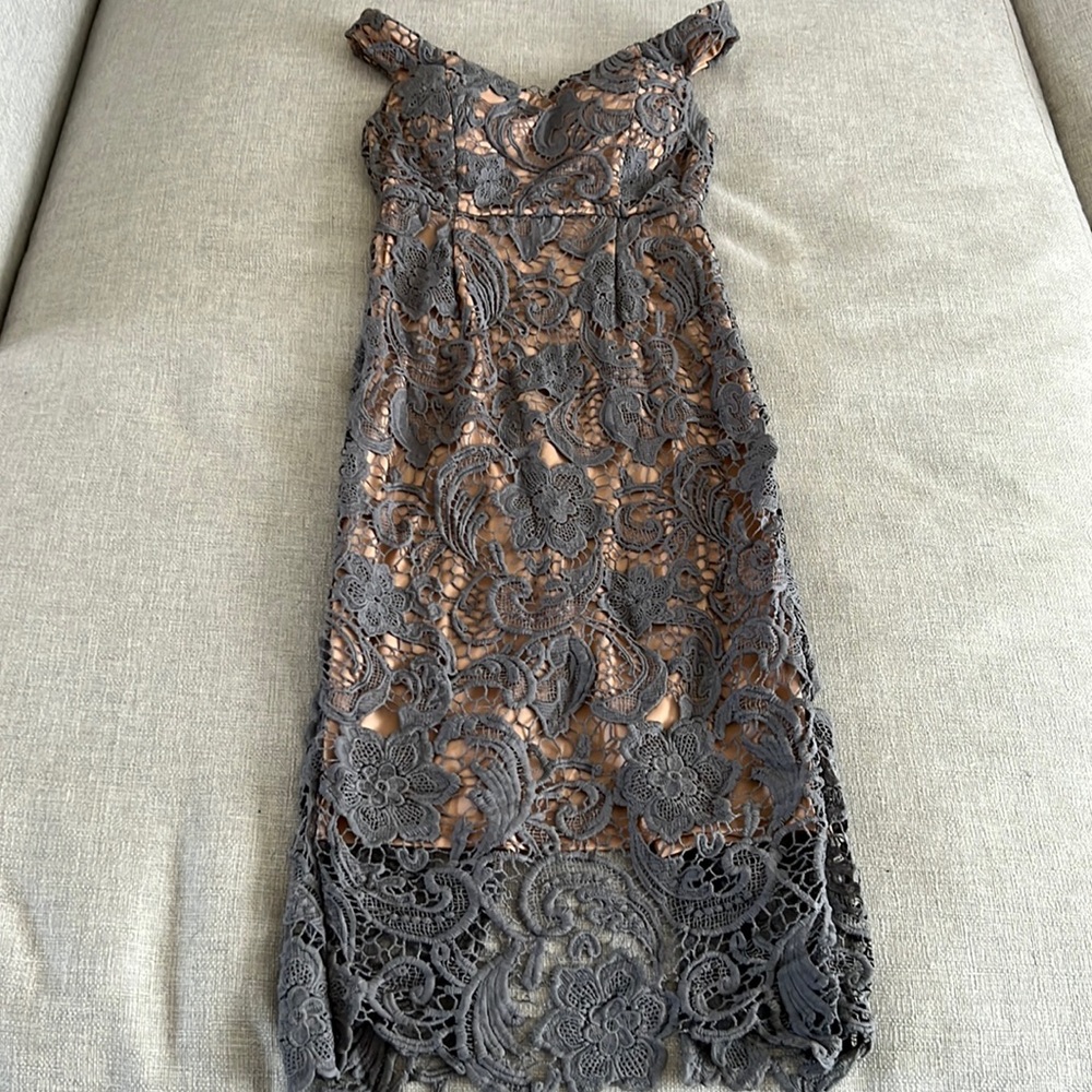 Purple grey lace dress with nude slip size small. Fits like a 4. Worn twice.